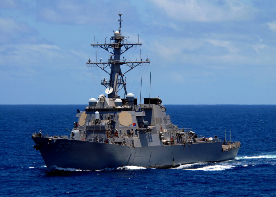US Navy 080905-N-9079D-522 The Arleigh Burke-class guided-missile destroyer USS Russell (DDG 59) transits the Atlantic Ocean as part of the Abraham Lincoln Strike Group