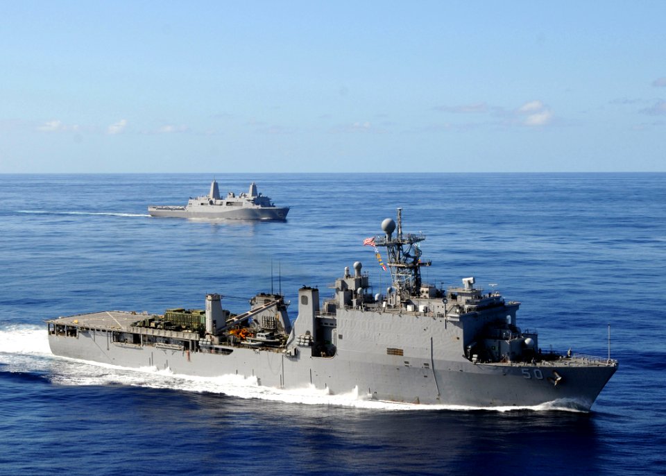 US Navy 080906-N-1082Z-055 The amphibious dock landing ship USS Carter Hall (LSD 50) and the amphibious transport dock ship USS San Antonio (LPD 17) transit the Atlantic Ocean