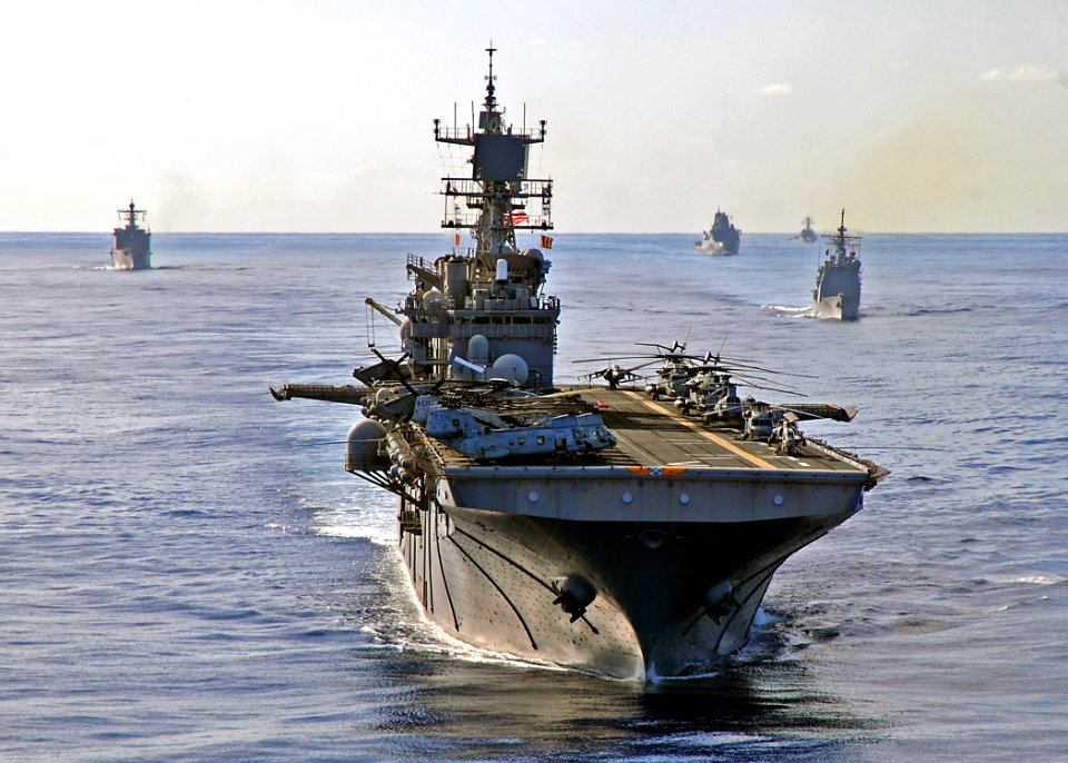 US Navy 080906-N-1082Z-170 The multi-purpose amphibious assault ship USS Iwo Jima (LHD 7) leads a formation of ships in a transit of the Atlantic Ocean