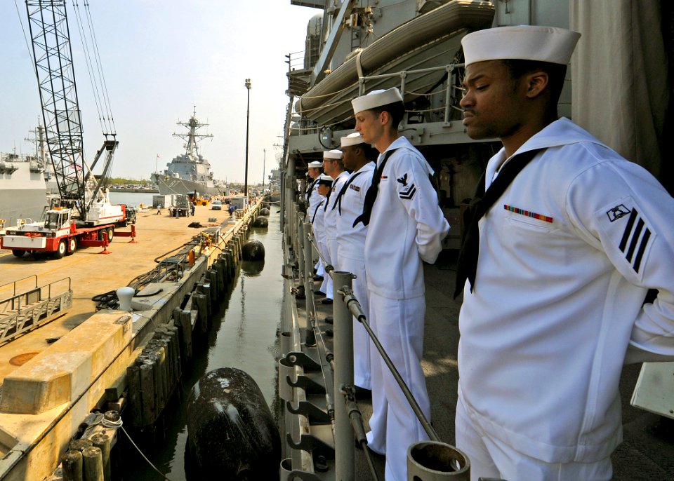 US Navy 080830-N-1082Z-012 Sailors man the rails aboard the guided-missile cruiser USS Vella Gulf (CG 72)
