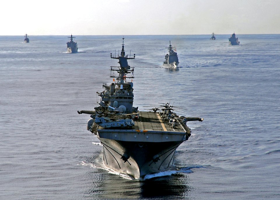 US Navy 080906-N-1082Z-209 The amphibious assault ship USS Iwo Jima (LHD 7) leads the Iwo Jima Expeditionary Strike Group as the formation steams through the Atlantic Ocean