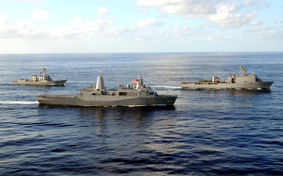 US Navy 080906-N-1082Z-295 The amphibious dock landing ship USS Carter Hall (LSD 50), the amphibious transport dock ship USS San Antonio (LPD 17), and the guided-missile destroyer USS Roosevelt (DDG 80) transit the Atlantic Oce