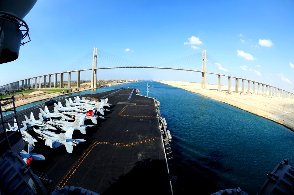 US Navy 111120-N-QL471-351 The aircraft carrier USS George H.W. Bush (CVN 77) passes under the Friendship Bridge while transiting the Suez Canal