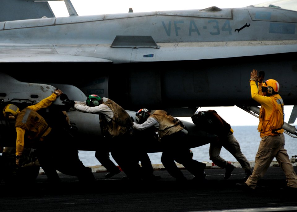 US Navy 080906-N-9898L-194 Members of the aircraft carrier USS Abraham Lincoln's (CVN 72) Air Department push back an F-A-18C Hornet assigned to the