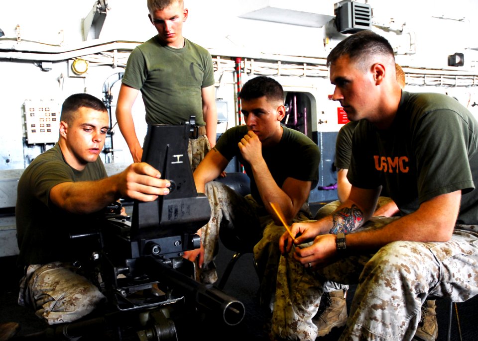 US Navy 080903-N-2183K-027 Lance Cpl. Cody O'Neal demonstrates how to operate the Mark 19 40mm grenade launcher aboard the amphibious assault ship USS Peleliu (LHA 5)