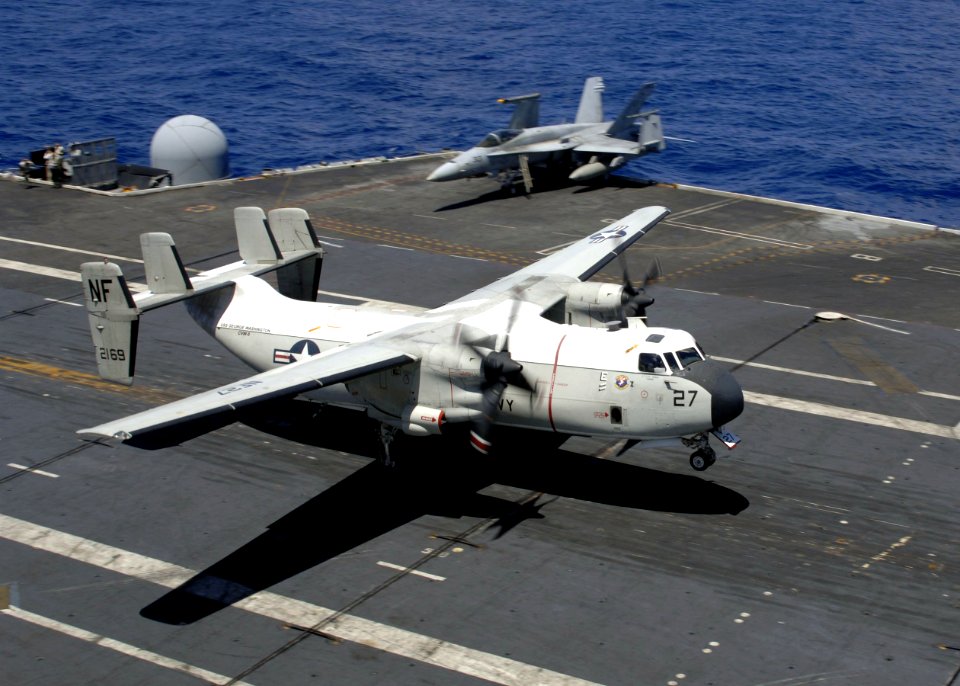 US Navy 080909-N-7282P-009 A C-2A Greyhound lands on the flight deck of the aircraft carrier USS George Washington (CVN 73)