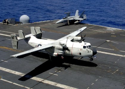 US Navy 080909-N-7282P-009 A C-2A Greyhound lands on the flight deck of the aircraft carrier USS George Washington (CVN 73)