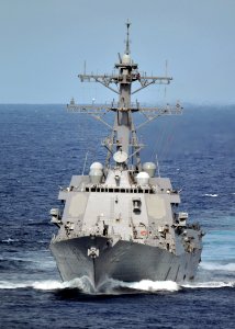 US Navy 080907-N-7981E-148 The Arleigh Burke-class guided-missile destroyer USS Momsen (DDG 92) approaches the Military Sealift Command dry cargo-ammunition ship USNS Richard C. Byrd (T-AKE 4) during an underway replenishment photo