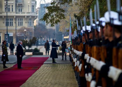 US Navy 111117-N-AC887-002 Secretary of the Navy (SECNAV) the Honorable Ray Mabus and Bulgarian Defense Minister Anyu Angelov receive honors from B