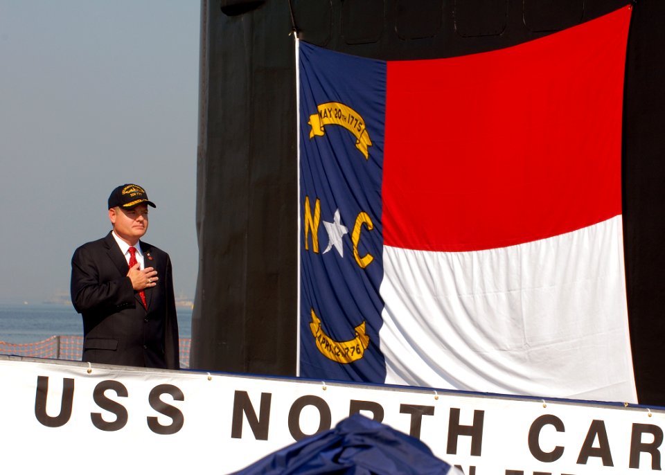 US Navy 080908-N-7668G-026 North Carolina congressman Mike McIntyre boards the Virginia-class attack submarine USS North Carolina (SSN 777) during a change of command ceremony at Naval Station Norfolk