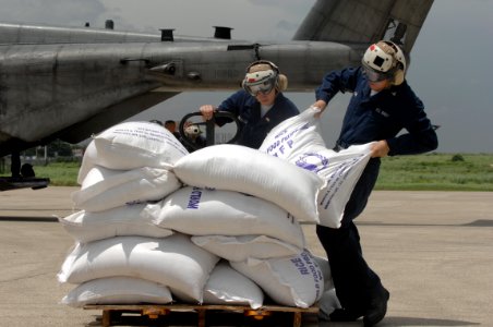US Navy 080909-N-3595W-244 U.S. Navy personnel assigned to the amphibious assault ship USS Kearsarge (LHD 3) unload sacks of food for delivery to citizens affected by the recent hurricanes that have stuck Haiti