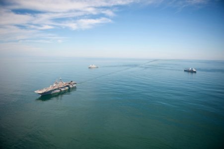 US Navy 110831-N-PM781-010 USS Wasp (LHD 1), USS New York (LPD 21) and USS San Antonio (LPD 17) transit in formation during a training exercise