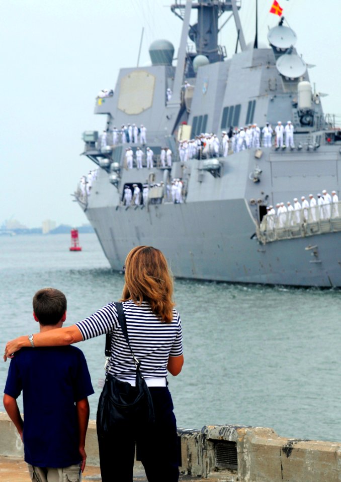 US Navy 080912-N-1688B-065 Family members of Sailors aboard the guided-missile destroyer USS Nitze (DDG 94) watch from the pier as the ship leaves for a scheduled deployment
