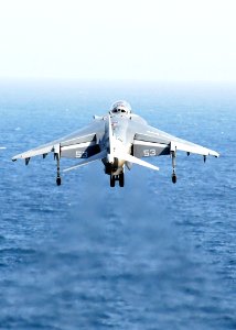 US Navy 080912-N-2183K-024 An AV-8B Harrier launches off the flight deck of the amphibious assault ship USS Peleliu (LHA 5) during flight operations