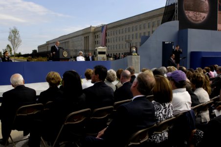 US Navy 080911-D-7203C-013 President George W. Bush speaks at the Pentagon Memorial dedication ceremony Sept. 11, 2008