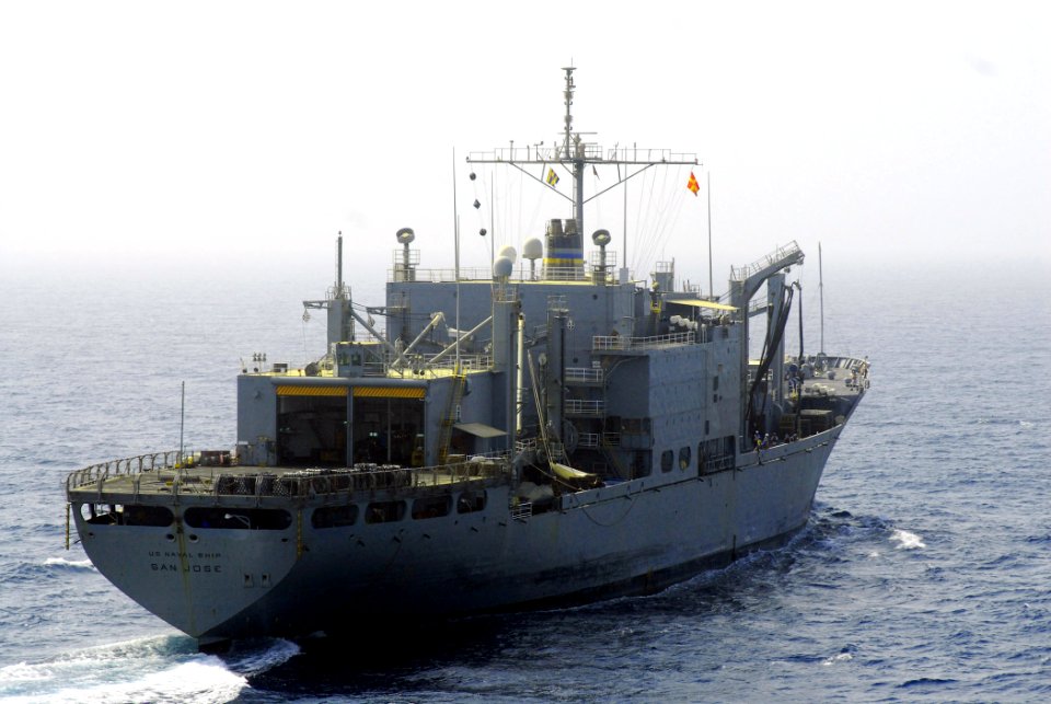 US Navy 080910-N-5148B-016 The Military Sealift Command combat stores ship USNS San Jose (T-AFS 7) prepares to come alongside the amphibious dock landing ship USS Pearl Harbor (LSD 52) for a connected replenishment (CONREP)