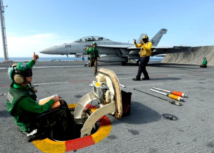 US Navy 080909-N-7241L-004 Flight deck personnel aboard the aircraft carrier USS Theodore Roosevelt (CVN 71) prepare to launch an F-A-18F Super Hornet strike fighter assigned to the
