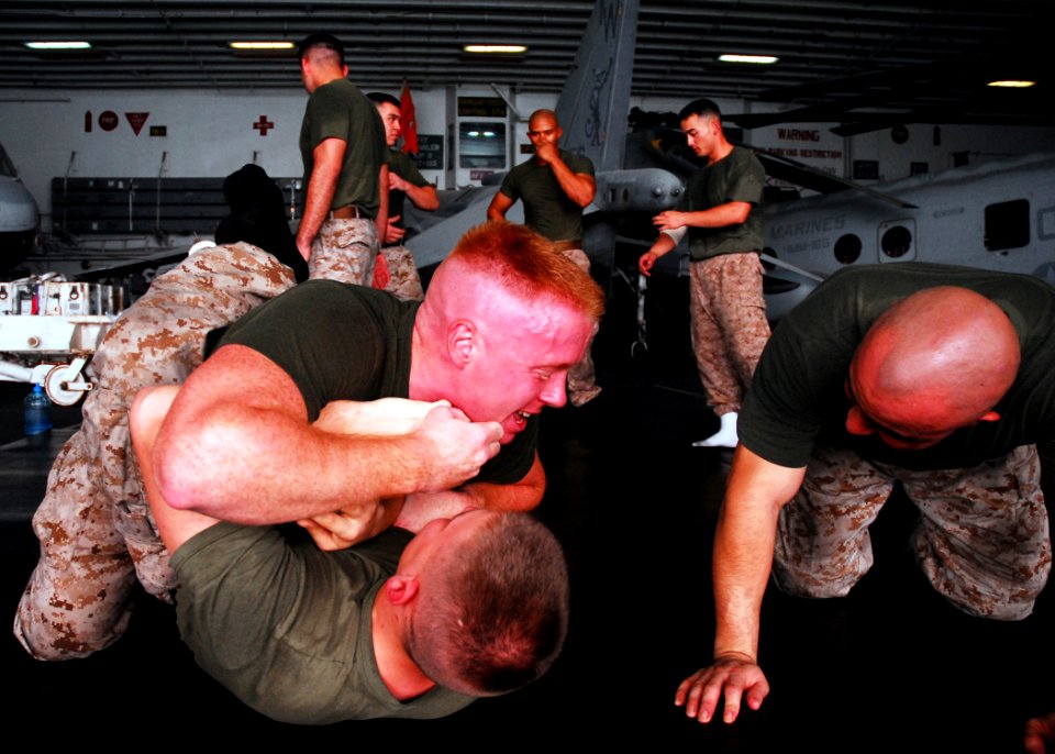 US Navy 080915-N-2183K-034 Marines of the embarked 15th Marine Expeditionary Unit practice hand-to-hand combat
