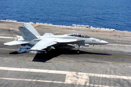 US Navy 110817-N-AU622-027 An F-A-18F Super Hornet lands aboard the USS Dwight D. Eisenhower