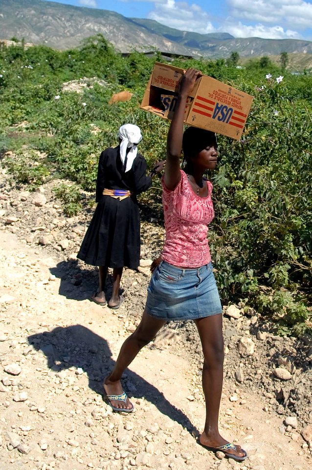 US Navy 080915-N-1508S-102 A Haitian woman carries a case of canned goods given to her by U.N. officials during relief efforts in areas of Haiti devastated by recent hurricanes