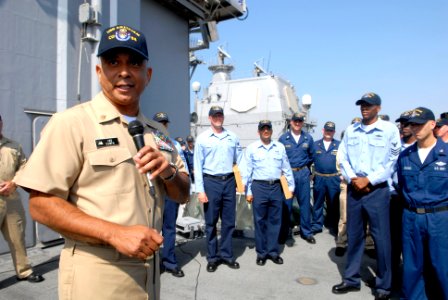 US Navy 080915-N-9818V-308 Master Chief Petty Officer of the Navy (MCPON) Joe R. Campa Jr. speaks to the Sailors