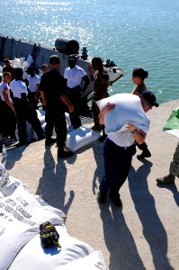 US Navy 080915-N-7955L-110 ailors embarked aboard the amphibious assault ship USS Kearsarge (LHD 3) move bags of rice off a landing craft during a humanitarian assistance mission in Haiti