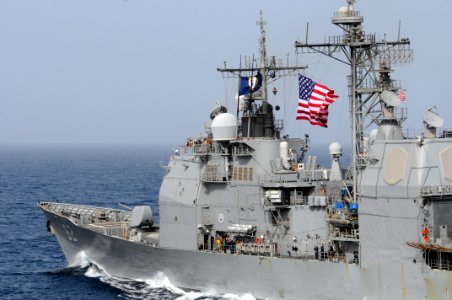 US Navy 080911-N-3659B-227 The guided-missile cruiser USS Chancellorsville (CG 62) flies a large American Flag in honor of Patriot Day while steaming through the North Arabian Sea after completing a replenishment at sea with US