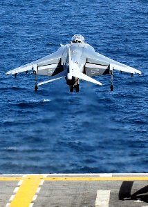 US Navy 080912-N-2183K-060 An AV-8B Harrier launches off the flight deck of the amphibious assault ship USS Peleliu (LHA 5) during flight operations