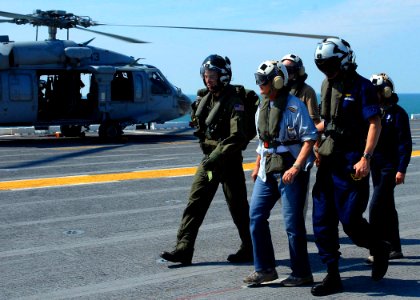 US Navy 080917-N-2838W-050 Lyda Anne Thomas, center, Mayor of Galveston, Texas, arrives aboard the amphibious assault ship USS Nassau (LHA 4)