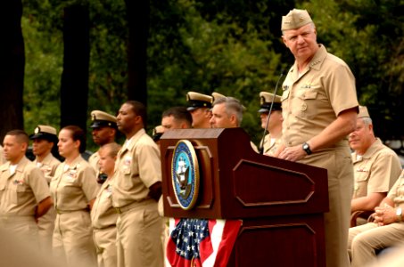 US Navy 080916-N-8273J-053 Chief of Naval Operations (CNO) Adm. Gary Roughead speaks during a chief petty officers pinning ceremony at Admiral Leutze Park at the Washington Navy Yard photo