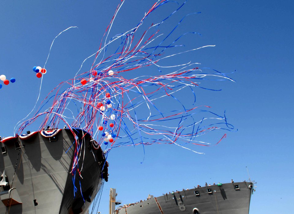 US Navy 080918-N-8273J-145 The Military Sealift Command auxiliary dry cargo carrier USNS Carl Brashear (T-AKE 7) slides into the San Diego Bay during the christening and launch ceremony at General Dynamics NASSCO shipyard