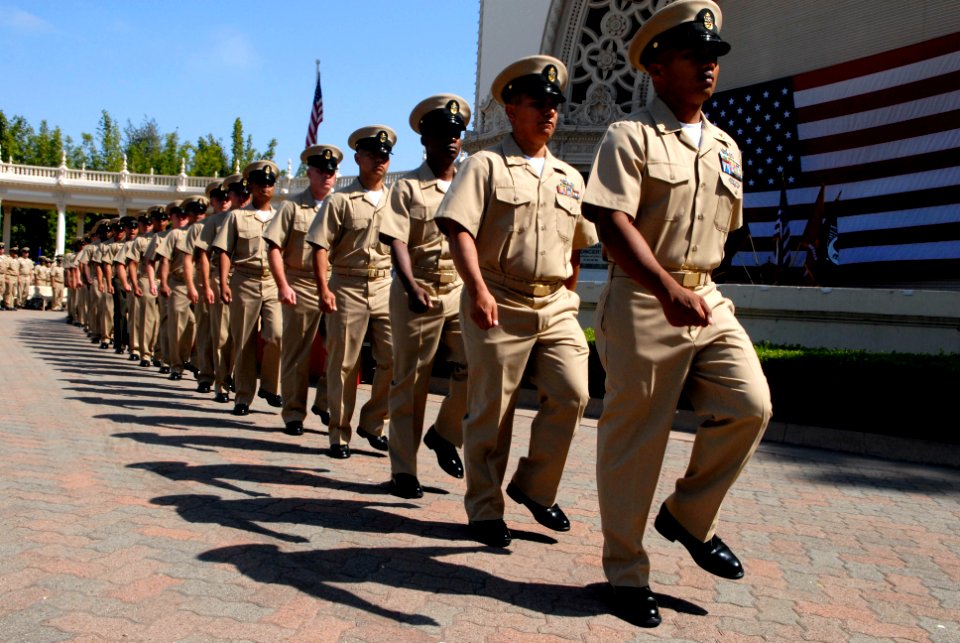 US Navy 080916-N-9818V-504 The Navy's newest chief petty officers march in front of the audience after receiving their anchors and combination cover