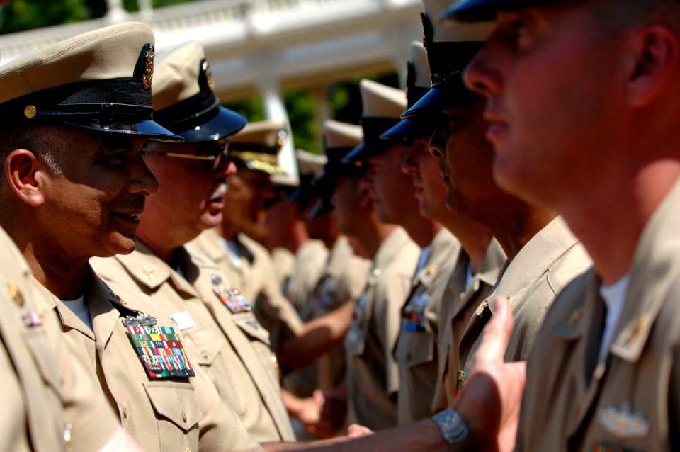 US Navy 080916-N-9818V-507 Master Chief Petty Officer of the Navy (MCPON) Joe R. Campa Jr. congratulates the new chief petty officers after the pinning ceremony held at the Spreckels Organ Pavilion in Balboa Park