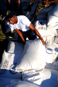 US Navy 080915-N-7955L-003 Operations Specialist Seaman Mike Watson, embarked aboard the amphibious assault ship USS Kearsarge (LHD 3), moves bags of rice during a humanitarian assistance mission in Haiti