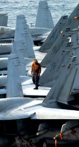 US Navy 080918-N-3610L-005 A plane captain, walks down the wing of an F-A-18C Hornet, assigned to the