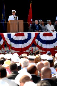 US Navy 080918-N-8273J-094 Chief of Naval Operations (CNO) Adm. Gary Roughead delivers his remarks during the christening and launch ceremony of USNS Carl Brashear (T-AKE 7) at General Dynamics NASSCO shipyard