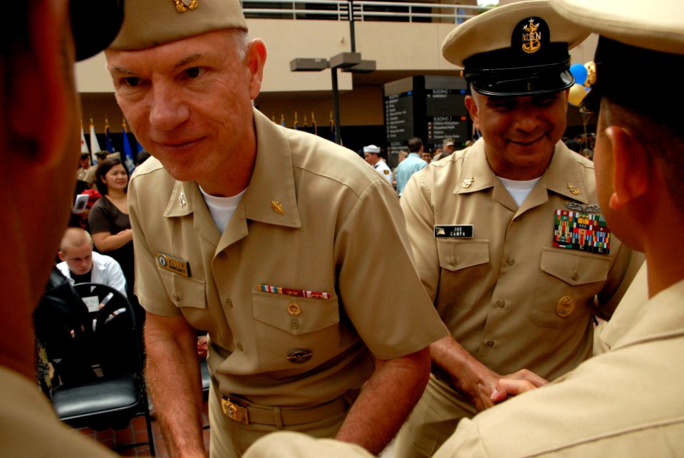 US Navy 080916-N-9818V-212 Master Chief Petty Officer of the Navy (MCPON) Joe R. Campa Jr. congratulates the new chief petty officers after the pinning ceremony at Naval Medical Center San Diego