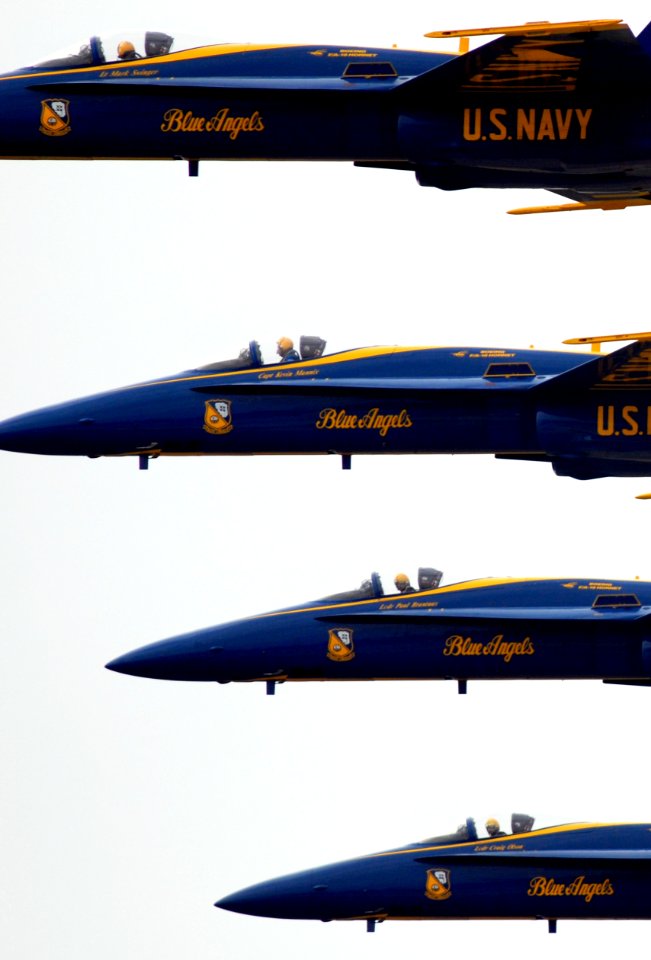 US Navy 080920-N-5345W-196 Four F-A-18C Hornets from the Blue Angels flight demonstration squadron fly in a stacked formation