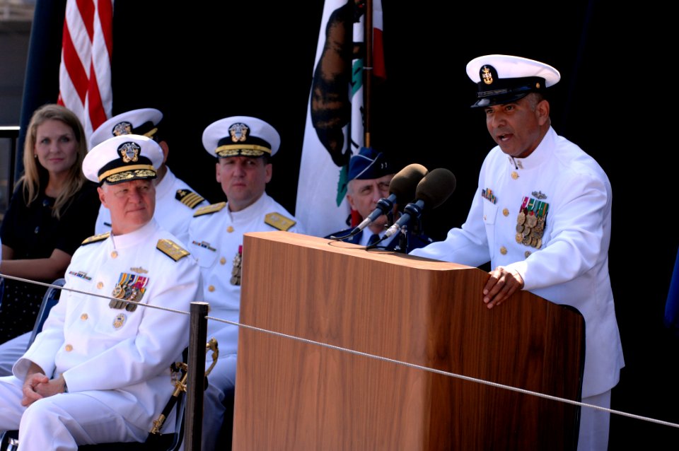 US Navy 080918-N-9818V-191 Master Chief Petty Officer of the Navy (MCPON) Joe R. Campa Jr. addresses the crowd during the christening ceremony for USNS Carl Brashear (T-AKE 7) held at General Dynamics NASSCO