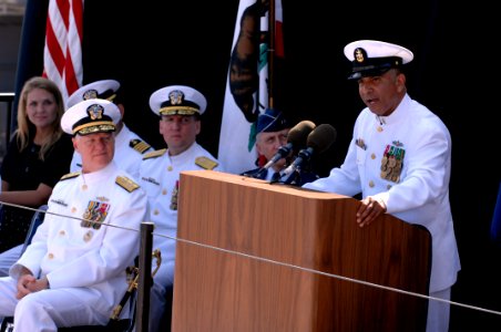 US Navy 080918-N-9818V-191 Master Chief Petty Officer of the Navy (MCPON) Joe R. Campa Jr. addresses the crowd during the christening ceremony for USNS Carl Brashear (T-AKE 7) held at General Dynamics NASSCO