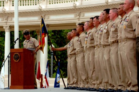US Navy 080916-N-9818V-320 Master Chief Petty Officer of the Navy (MCPON) Joe R. Campa Jr. addresses the chief petty officer selectees during a pinning ceremony held at the Spreckels Organ Pavilion in Balboa Park photo