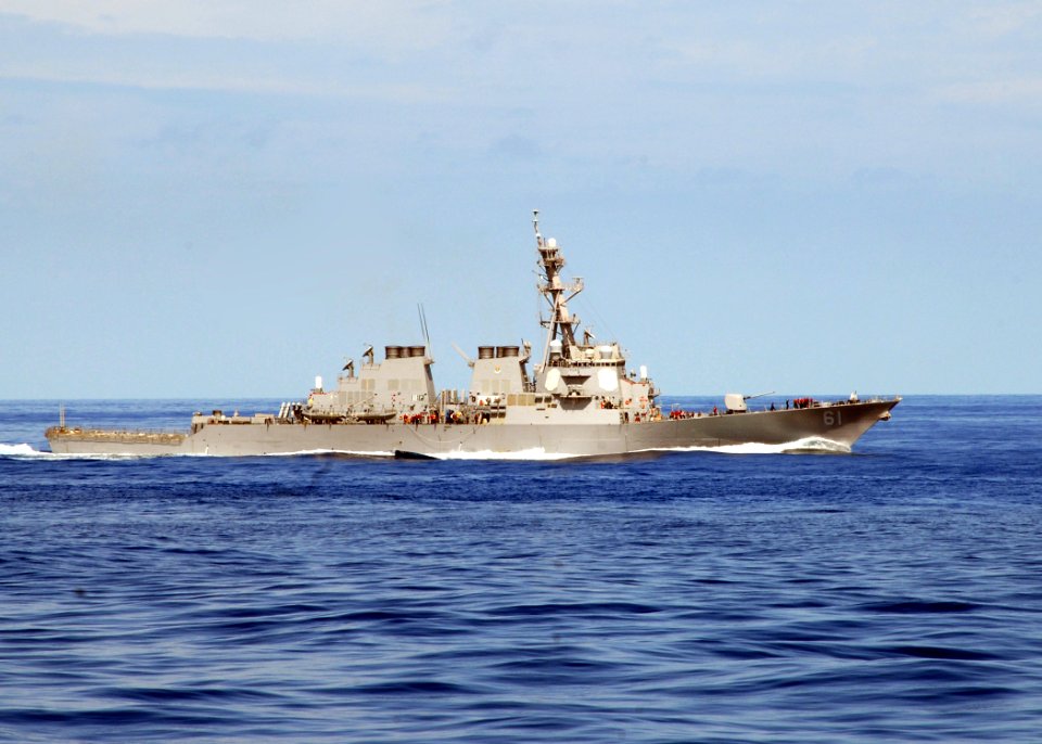 US Navy 080922-N-3392P-056 The guided-missile destroyer USS Ramage (DDG 61) steams through the Mediterranean Sea