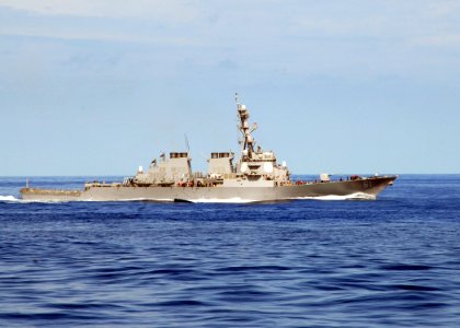 US Navy 080922-N-3392P-056 The guided-missile destroyer USS Ramage (DDG 61) steams through the Mediterranean Sea