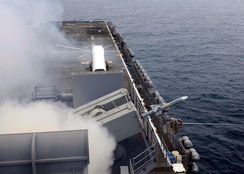 US Navy 080917-N-9150R-054 An RIM-7 sea sparrow missile exits a launcher aboard the amphibious assault ship USS Boxer (LHD 4)