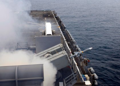 US Navy 080917-N-9150R-054 An RIM-7 sea sparrow missile exits a launcher aboard the amphibious assault ship USS Boxer (LHD 4)