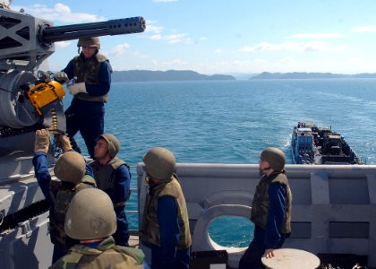 US Navy 080919-N-9950J-130 Sailors assigned to the forward-deployed Amphibious assault ship USS Essex (LHD 2) load ammo into the close-in weapons system during an ammo upload