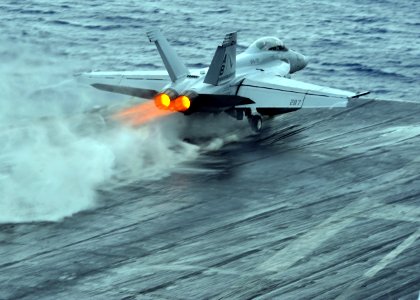 US Navy 110307-N-0569K-109 An F-A-18F Super Hornet launches from USS Enterprise (CVN 65)