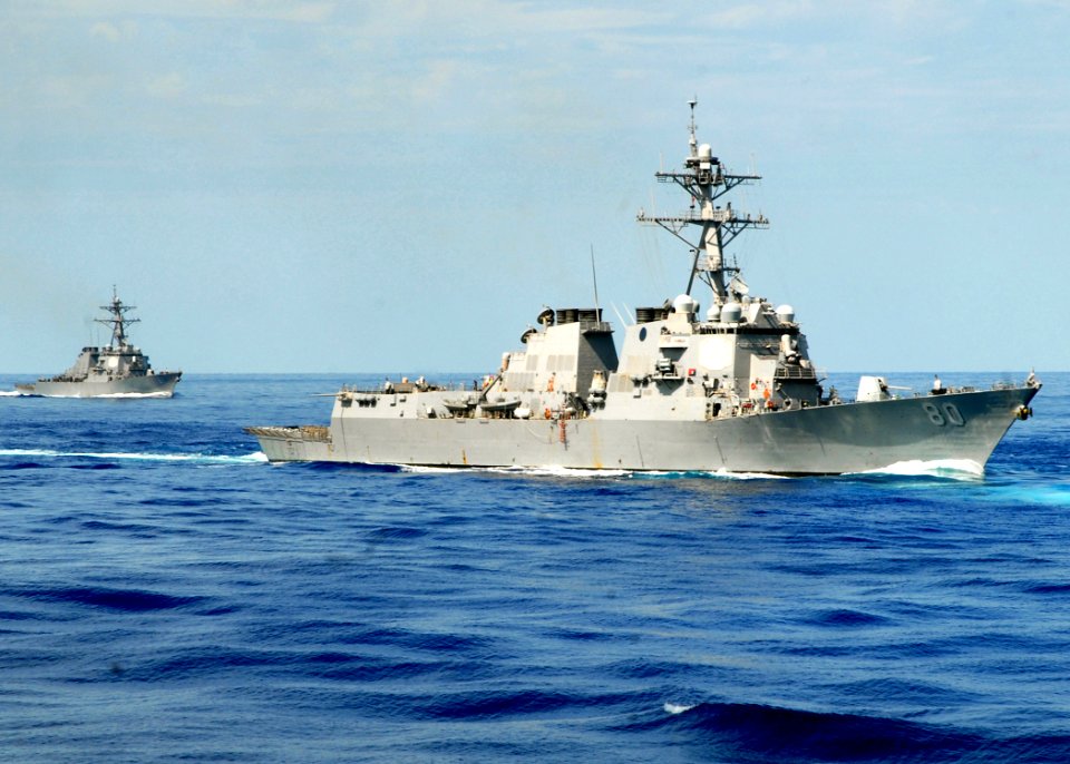 US Navy 080922-N-3392P-040 The guided-missile destroyer USS Roosevelt (DDG 80) and the guided-missile destroyer USS Ramage (DDG 61) steam through the Mediterranean Sea