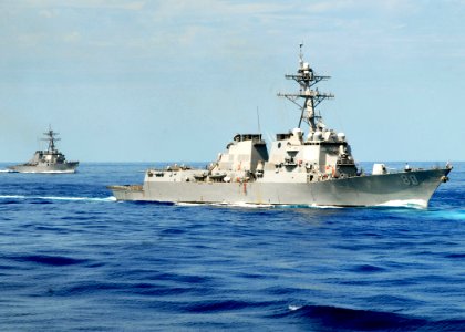 US Navy 080922-N-3392P-040 The guided-missile destroyer USS Roosevelt (DDG 80) and the guided-missile destroyer USS Ramage (DDG 61) steam through the Mediterranean Sea