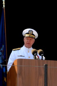 US Navy 080918-N-8273J-078 Chief of Naval Operations (CNO) Adm. Gary Roughead delivers his remarks during the christening and launch ceremony of USNS Carl Brashear (T-AKE 7) at General Dynamics NASSCO shipyard